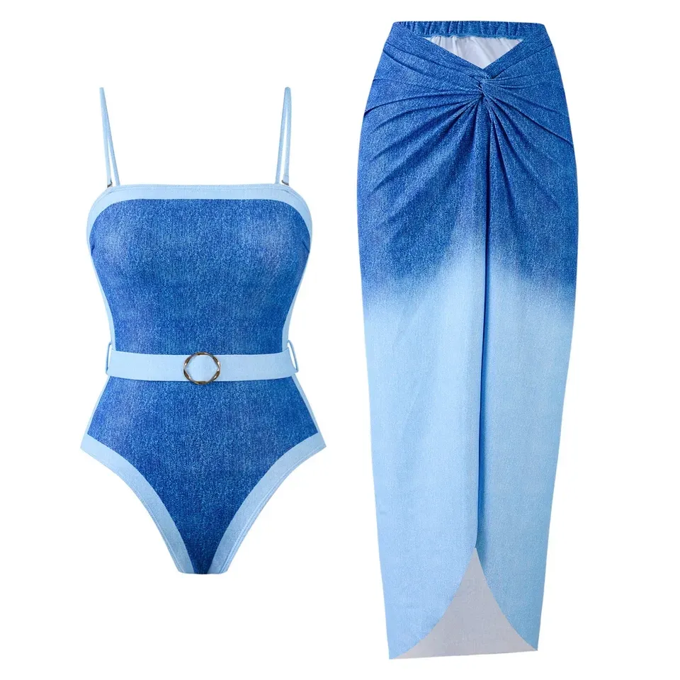 2025 Push Up One Piece Swimsuit with Beach Skirt Belted Denim-Look One-Piece Swimsuit with Matching Sarong | Lily's Summer